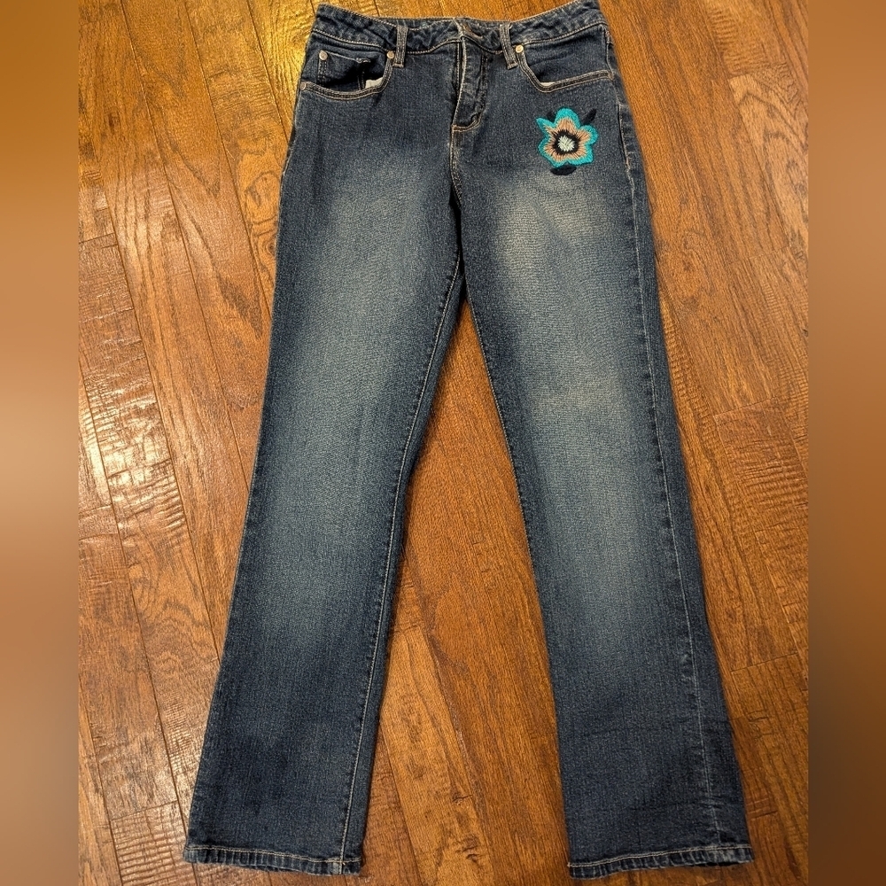 Vintage Y2K Santana Jeans Embroidered Flower Straight Leg Blue Jeans Size 28